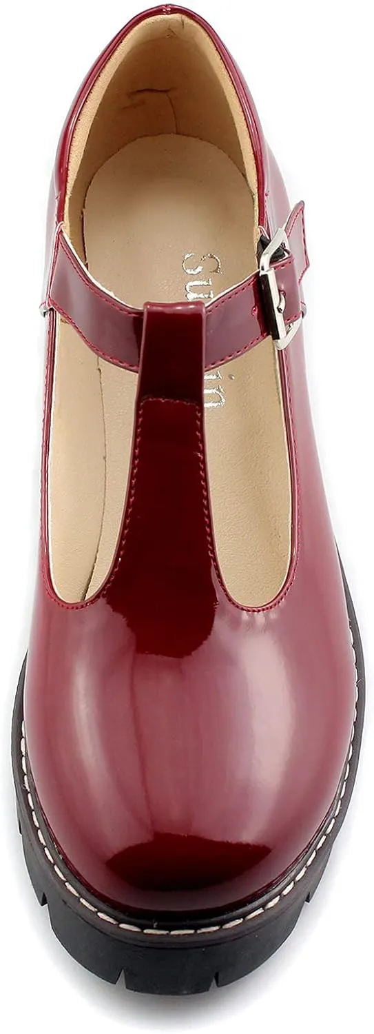 Sungtin for Women T-Strap Mary Jane Shoes School Uniform Platform Pumps Chunky Mid Heel Goth Shoes