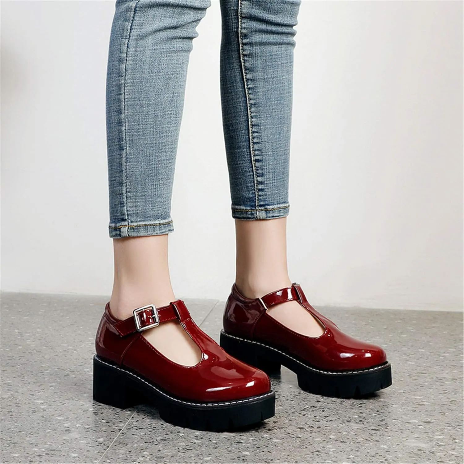 Sungtin for Women T-Strap Mary Jane Shoes School Uniform Platform Pumps Chunky Mid Heel Goth Shoes