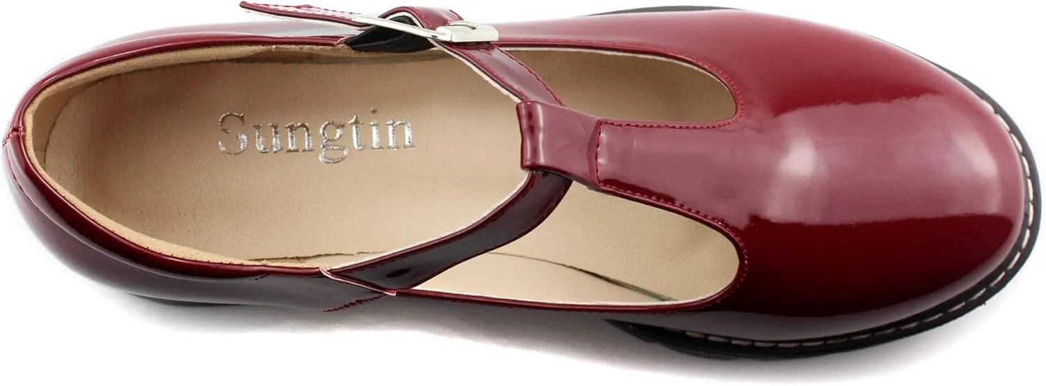 Sungtin for Women T-Strap Mary Jane Shoes School Uniform Platform Pumps Chunky Mid Heel Goth Shoes