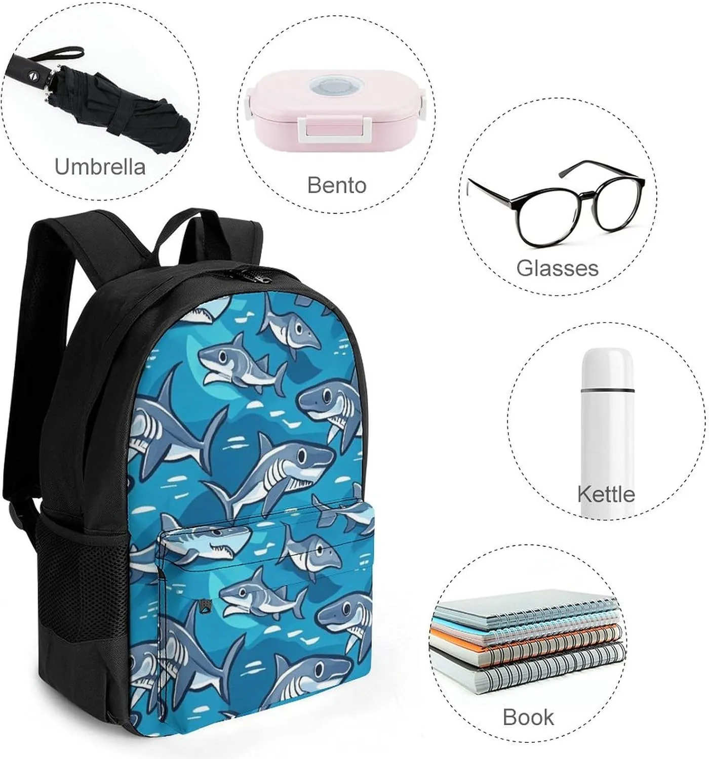 Supdreamc Polyester Daypack for Hiking Work Running - Big Capacity Anti-Theft Multipurpose Shoulder Bag, Blue Ocean Sea Shark Art Travel and Sport Backpack Rucksack