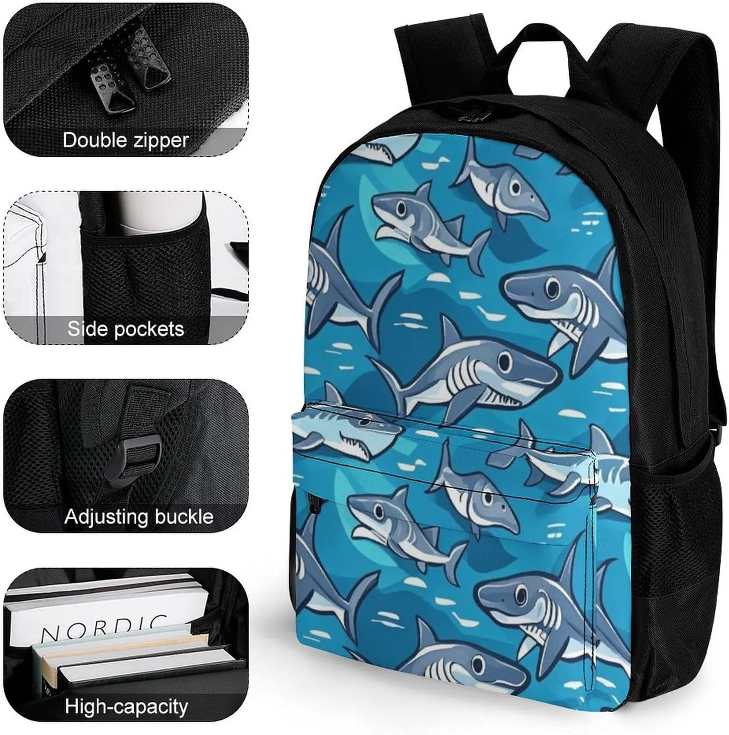 Supdreamc Polyester Daypack for Hiking Work Running - Big Capacity Anti-Theft Multipurpose Shoulder Bag, Blue Ocean Sea Shark Art Travel and Sport Backpack Rucksack