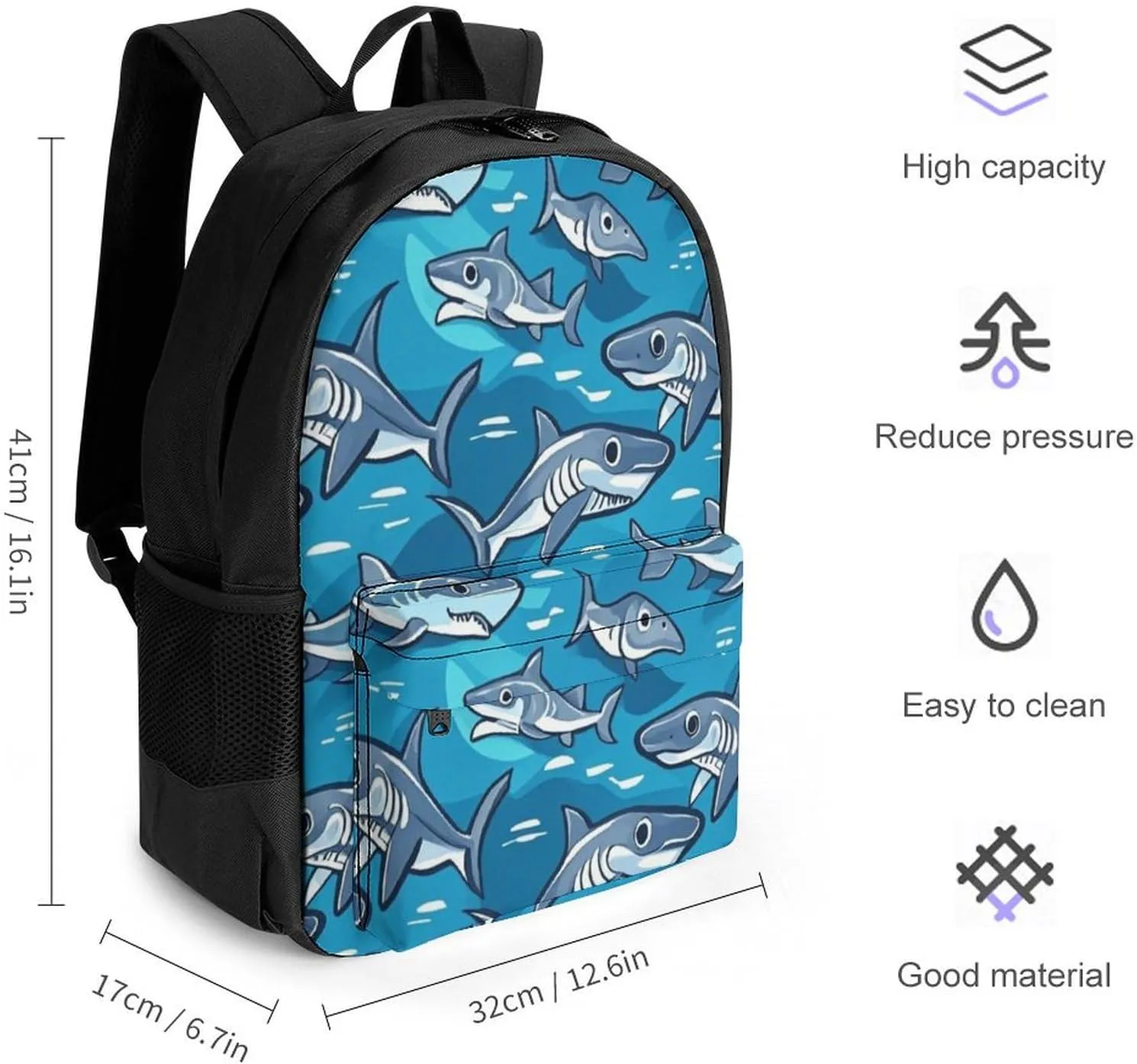 Supdreamc Polyester Daypack for Hiking Work Running - Big Capacity Anti-Theft Multipurpose Shoulder Bag, Blue Ocean Sea Shark Art Travel and Sport Backpack Rucksack