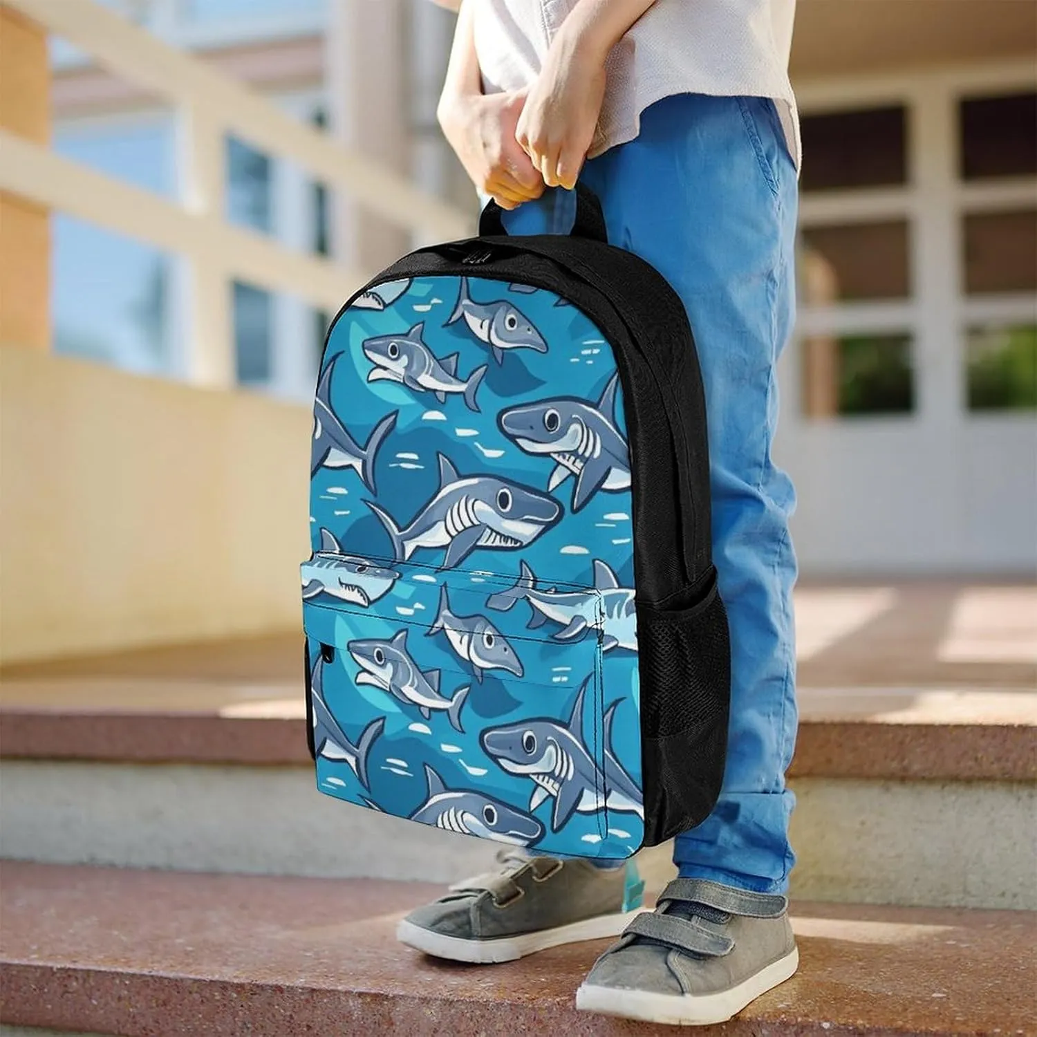 Supdreamc Polyester Daypack for Hiking Work Running - Big Capacity Anti-Theft Multipurpose Shoulder Bag, Blue Ocean Sea Shark Art Travel and Sport Backpack Rucksack