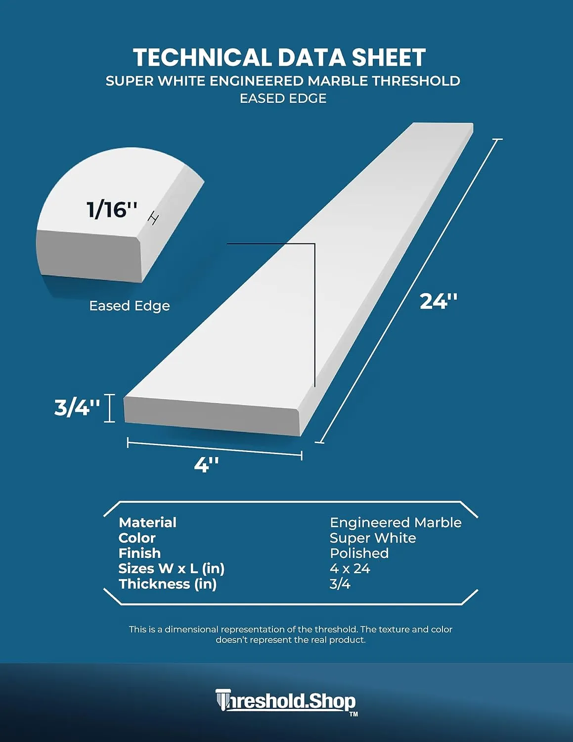 Super White Engineered Marble Threshold for Shower Curb, Bathroom Vanity Backsplash, Window Sill, Door Transitions (4" x 24")