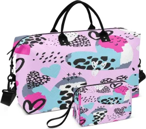 susiyo Chaotic Leopard Hearts Expandable Travel Duffle Bag, Large Weekender Overnight Bags and Adjustable Strap, Carry On Shoulder Tote Bag, Gym Duffel Bag with Toiletry Bags for Hospital
