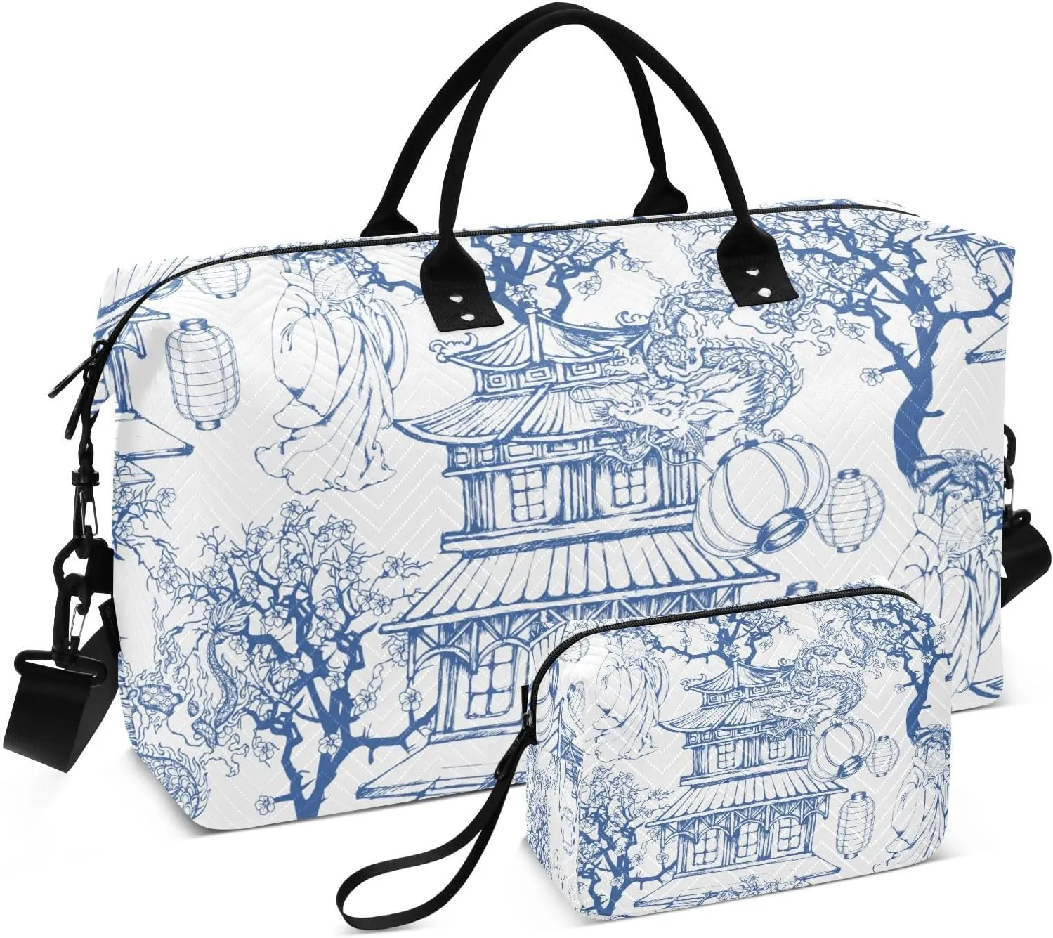 susiyo Chinese Motifs Blue Expandable Travel Duffle Bag, Large Weekender Overnight Bags and Adjustable Strap, Carry On Shoulder Tote Bag, Gym Duffel Bag with Toiletry Bags for Hospital