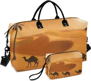 susiyo Desert Camel Coconut Tree Expandable Travel Duffle Bag, Large Weekender Overnight Bags and Adjustable Strap, Carry On Shoulder Tote Bag, Gym Duffel Bag with Toiletry Bags for Hospital