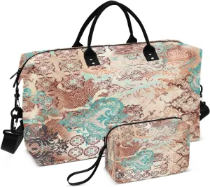 susiyo Ethnic Motifs Expandable Travel Duffle Bag, Large Weekender Overnight Bags and Adjustable Strap, Carry On Shoulder Tote Bag, Gym Duffel Bag with Toiletry Bags for Hospital
