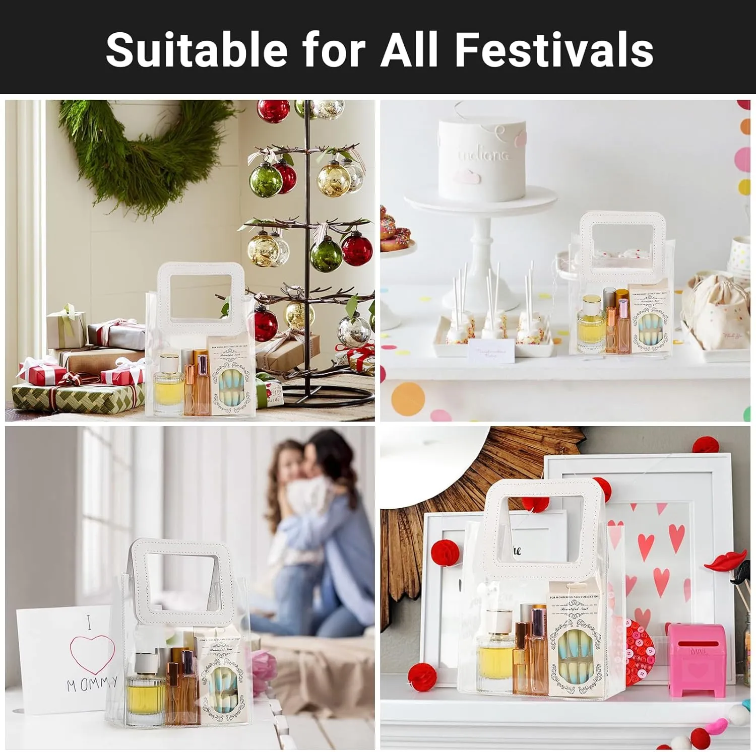 Svaldo Clear Small Gift Bags with Ribbon, 7x8x4 inch, Pack of 12, PVC Reusable Shopping Bags for Small Business Groceries Wedding Birthday Party Favors Concerts, Clear Plastic Gift Bags with Handles