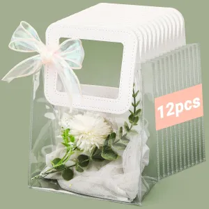 Svaldo Clear Small Gift Bags with Ribbon, 7x8x4 inch, Pack of 12, PVC Reusable Shopping Bags for Small Business Groceries Wedding Birthday Party Favors Concerts, Clear Plastic Gift Bags with Handles