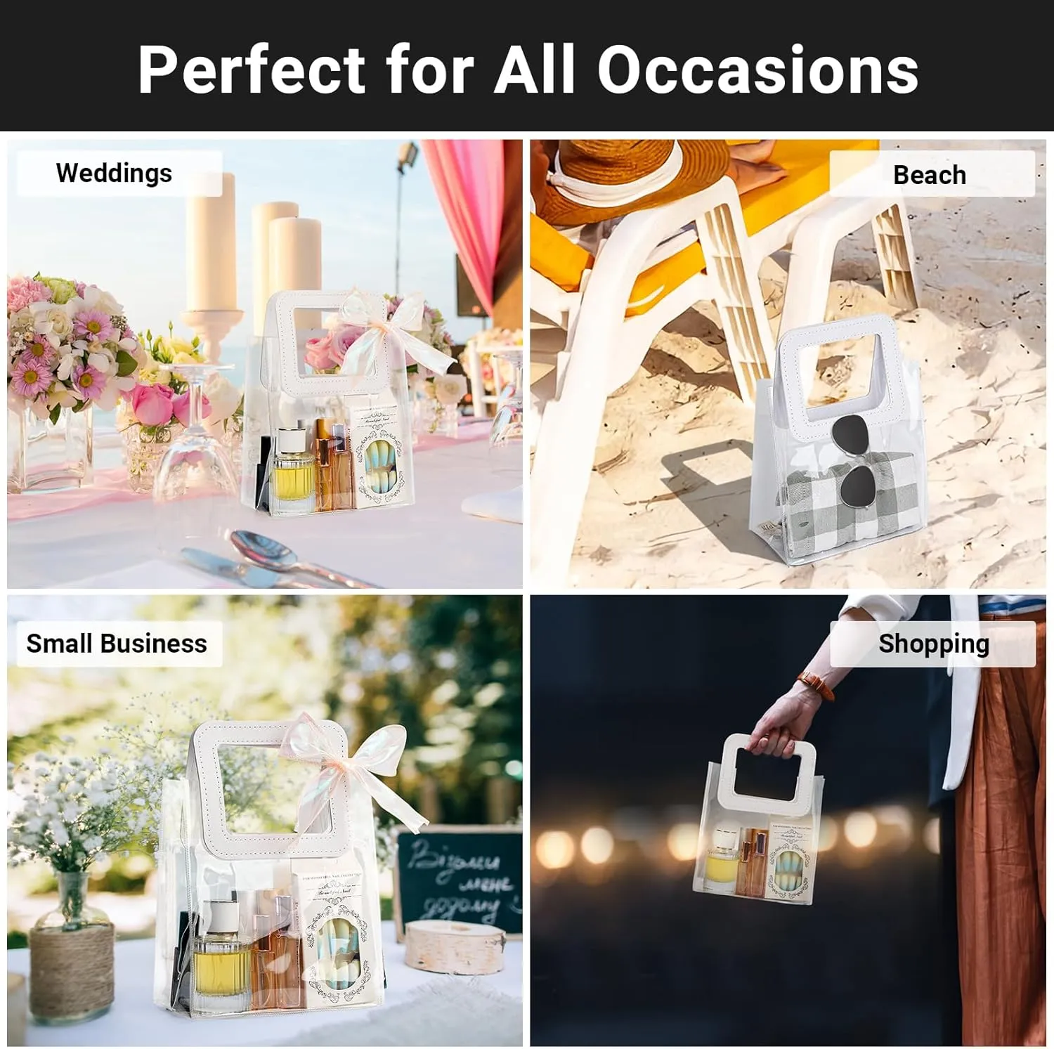 Svaldo Clear Small Gift Bags with Ribbon, 7x8x4 inch, Pack of 12, PVC Reusable Shopping Bags for Small Business Groceries Wedding Birthday Party Favors Concerts, Clear Plastic Gift Bags with Handles