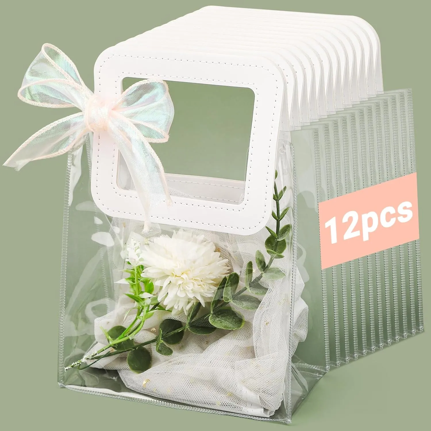 Svaldo Clear Small Gift Bags with Ribbon, 7x8x4 inch, Pack of 12, PVC Reusable Shopping Bags for Small Business Groceries Wedding Birthday Party Favors Concerts, Clear Plastic Gift Bags with Handles