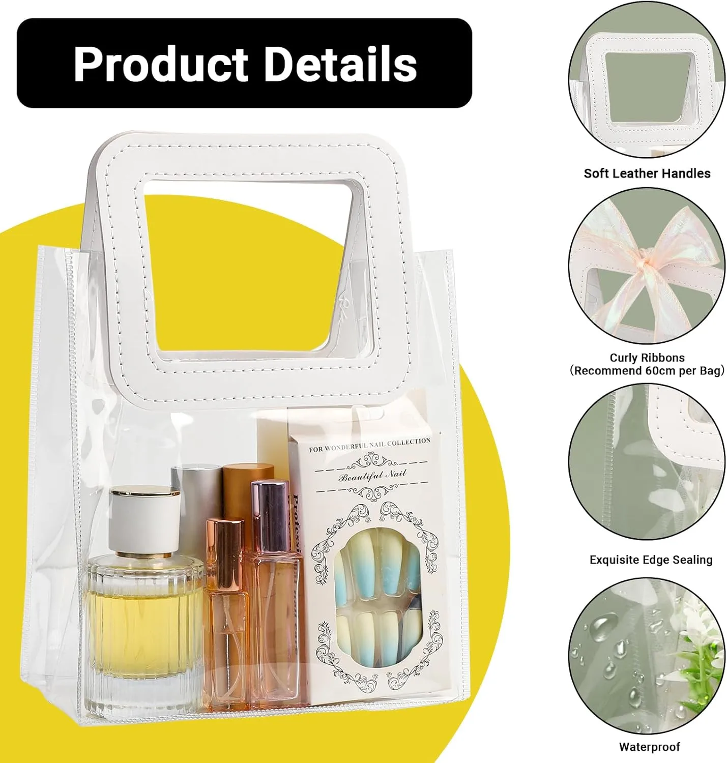 Svaldo Clear Small Gift Bags with Ribbon, 7x8x4 inch, Pack of 12, PVC Reusable Shopping Bags for Small Business Groceries Wedding Birthday Party Favors Concerts, Clear Plastic Gift Bags with Handles