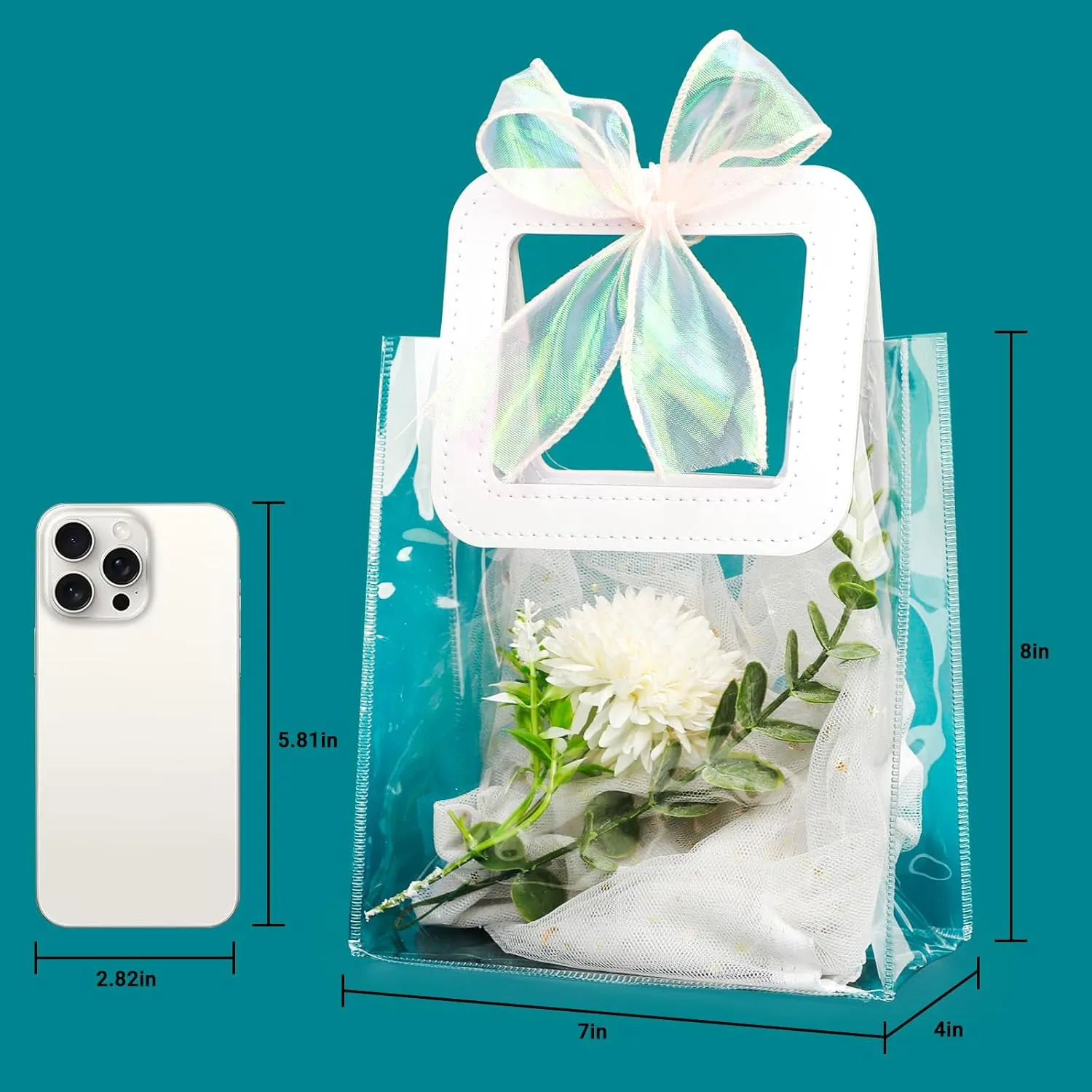 Svaldo Clear Small Gift Bags with Ribbon, 7x8x4 inch, Pack of 12, PVC Reusable Shopping Bags for Small Business Groceries Wedding Birthday Party Favors Concerts, Clear Plastic Gift Bags with Handles