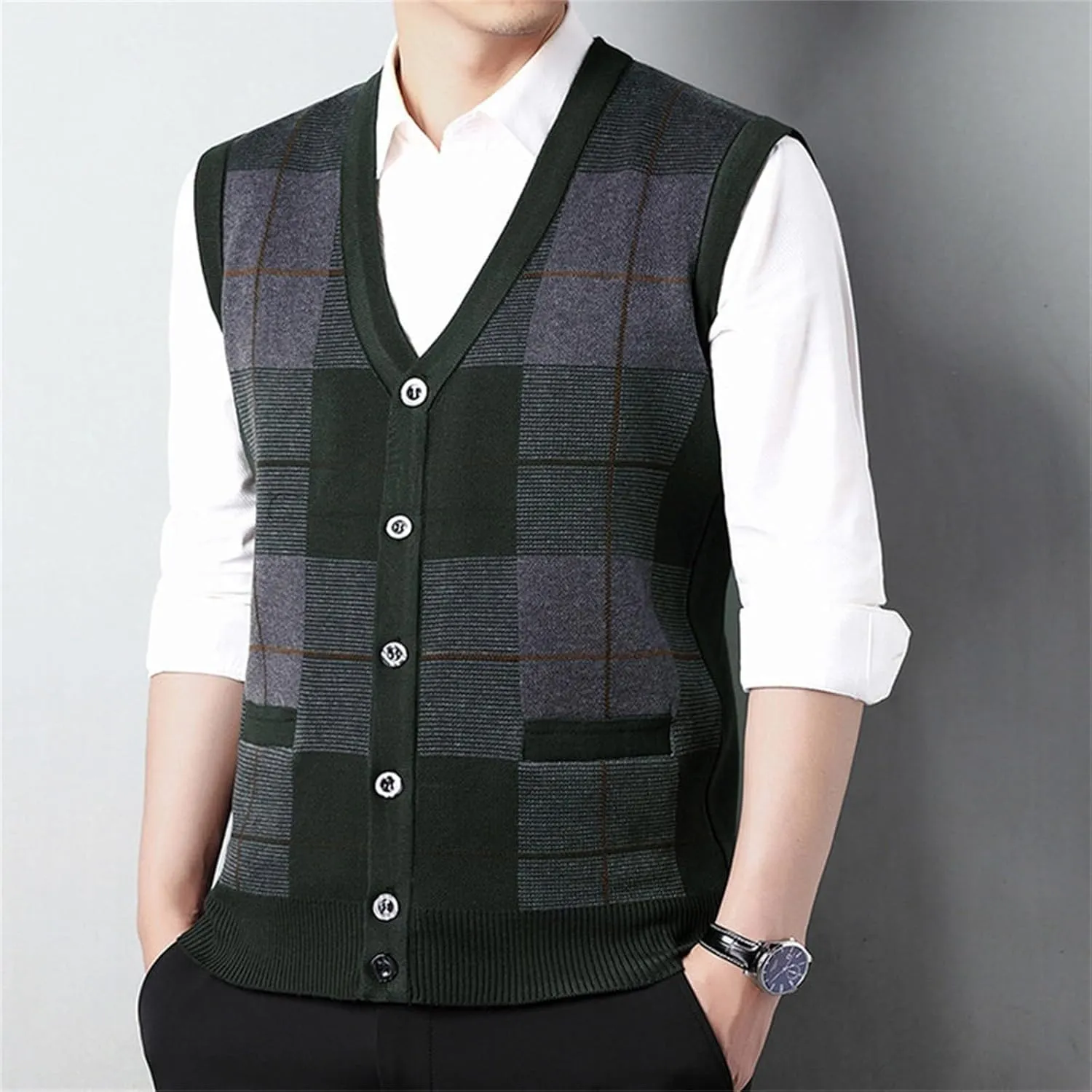 Sweater Vest for Men Sleeveless V Neck Button Down Knitwear Casual Slim Fit Striped Pullover Knit Sweater Fall Vests