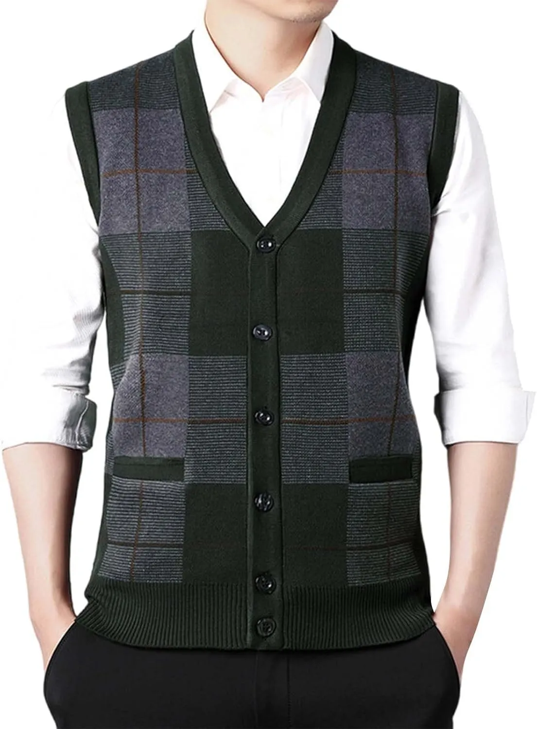 Sweater Vest for Men Sleeveless V Neck Button Down Knitwear Casual Slim Fit Striped Pullover Knit Sweater Fall Vests