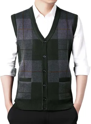 Sweater Vest for Men Sleeveless V Neck Button Down Knitwear Casual Slim Fit Striped Pullover Knit Sweater Fall Vests