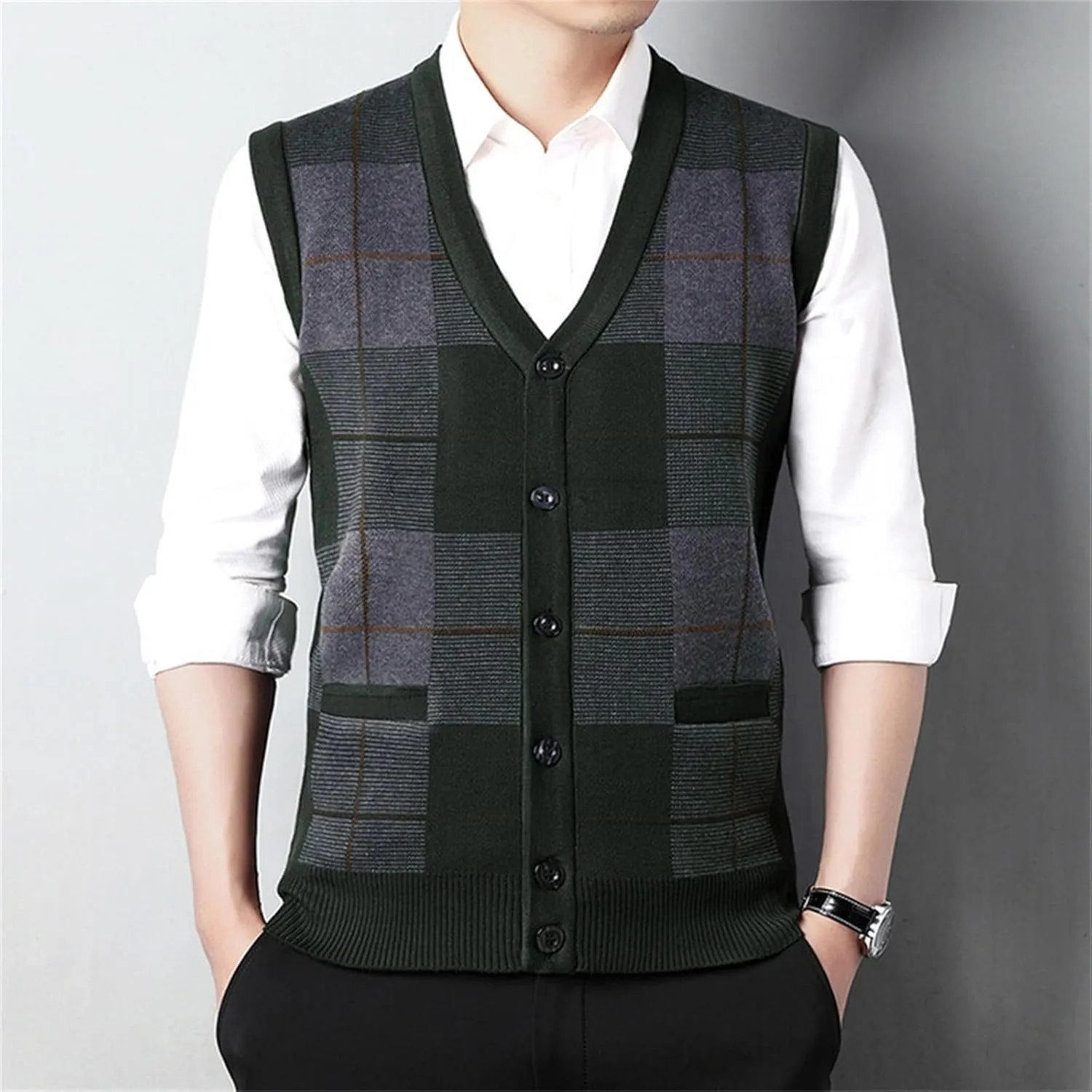 Sweater Vest for Men Sleeveless V Neck Button Down Knitwear Casual Slim Fit Striped Pullover Knit Sweater Fall Vests
