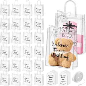 Sweetude 25 Pcs Wedding Welcome Bags Bulk with Handle, 8" x 10" x 3", Large Clear Plastic Welcome Gift Bags with Thank You Tags White Ribbon for Wedding Bridal Shower Party Favors