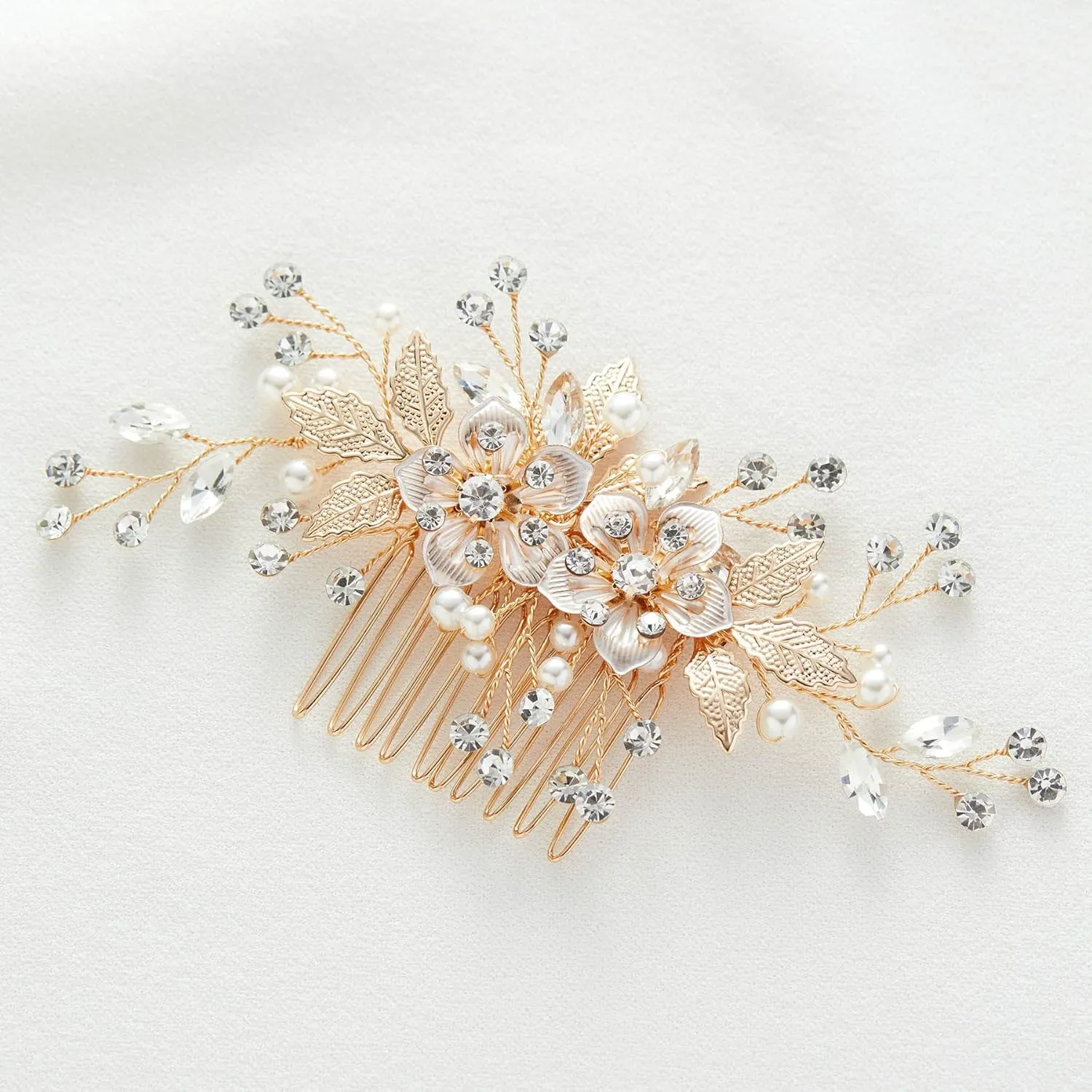 SWEETV Flower Bride Wedding Hair Comb Pearl Bridal Crystal Leaf Gold Headpiece Rhinestones Handmade Jewelry for Women and Girls