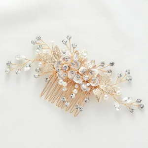 SWEETV Flower Bride Wedding Hair Comb Pearl Bridal Crystal Leaf Gold Headpiece Rhinestones Handmade Jewelry for Women and Girls