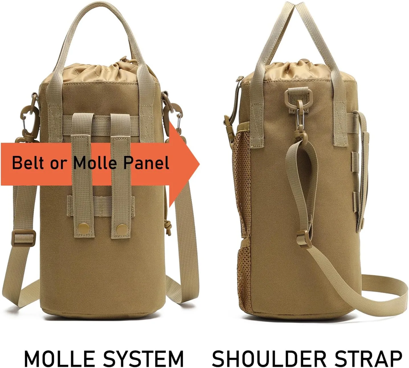 Tactical Molle Water Bottle Pouch 6L/170 oz Drawstring Open Top EDC Bag Holder with Shoulder Strap and Handle