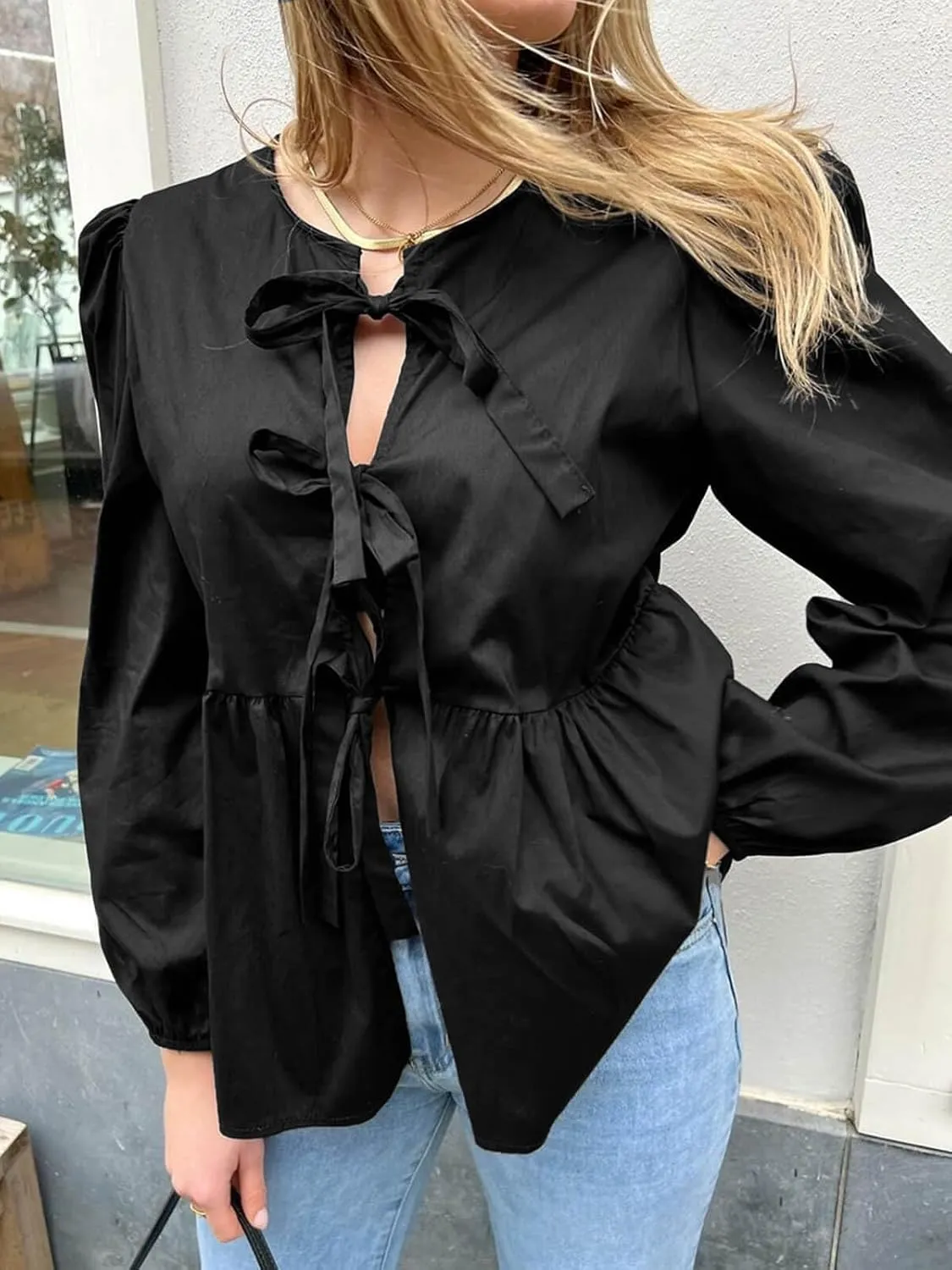 Tankaneo Womens Tie Front Tops Blouses Long Puff Sleeve Peplum Babydoll Bow Shirt Summer Coquette Tops