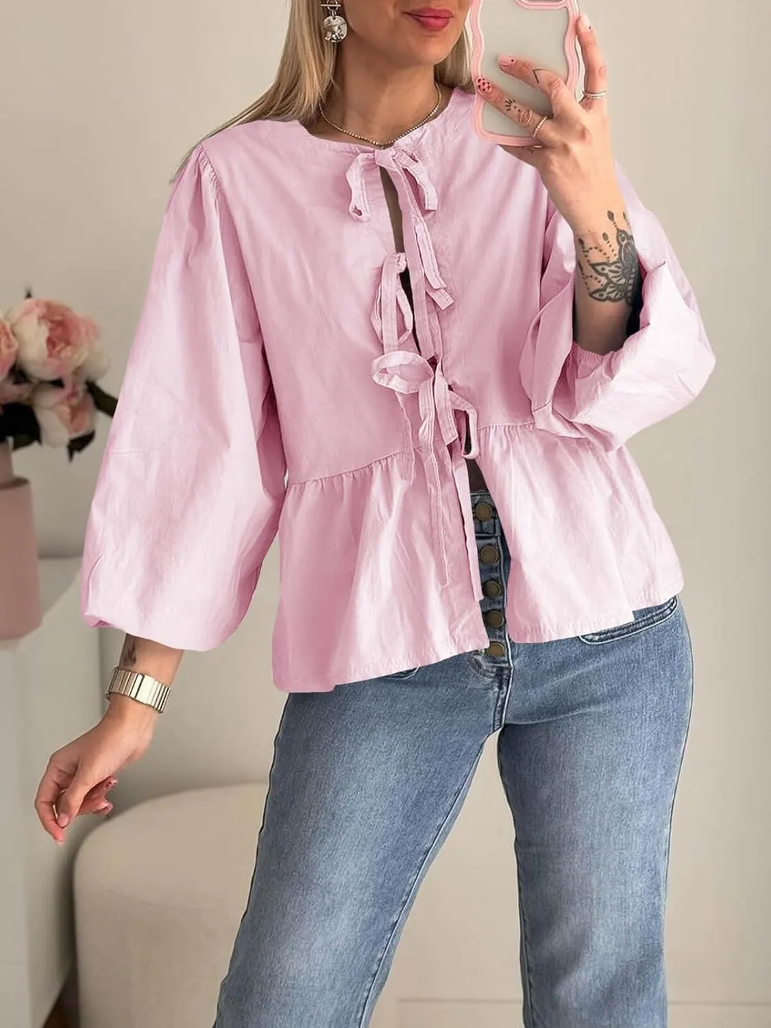 Tankaneo Womens Tie Front Tops Blouses Long Puff Sleeve Peplum Babydoll Bow Shirt Summer Coquette Tops