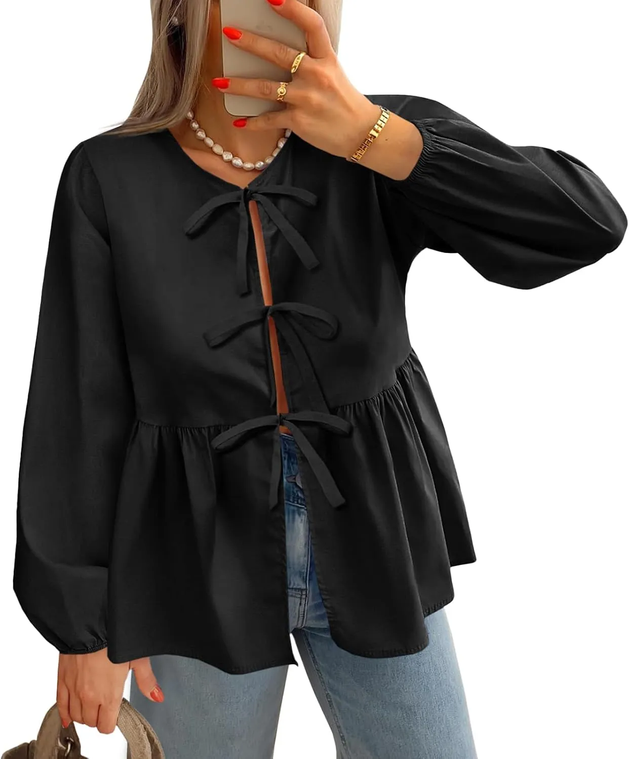 Tankaneo Womens Tie Front Tops Blouses Long Puff Sleeve Peplum Babydoll Bow Shirt Summer Coquette Tops