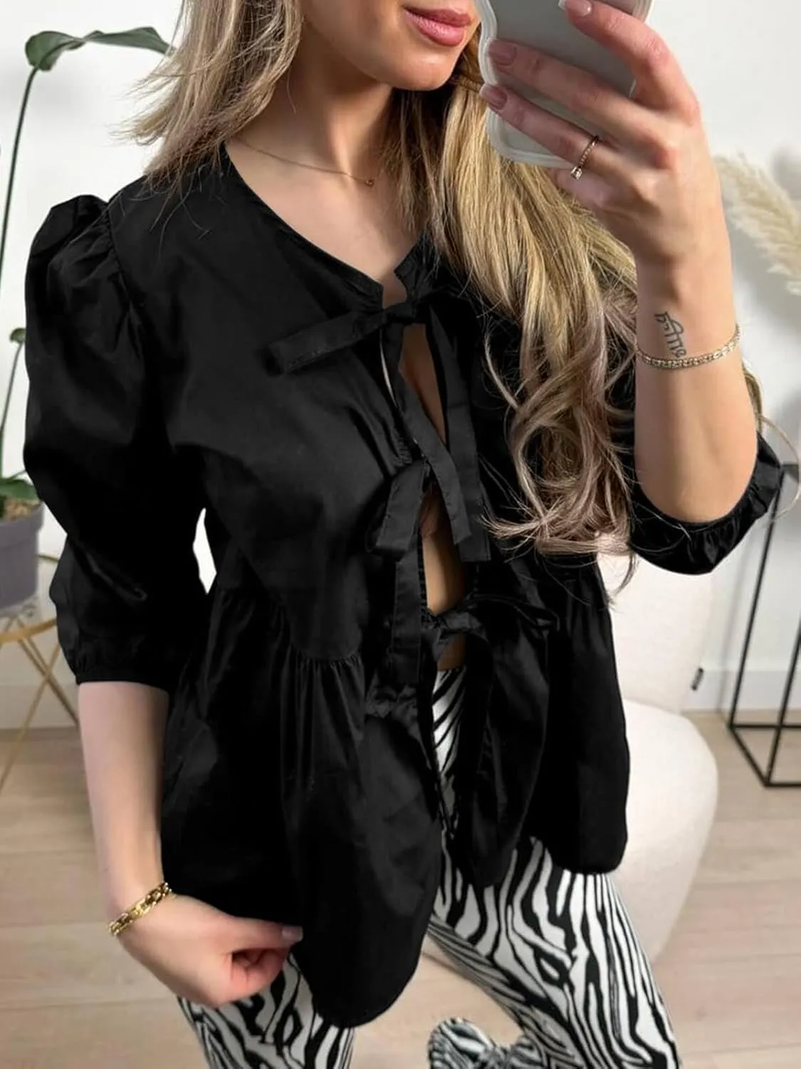 Tankaneo Womens Tie Front Tops Blouses Long Puff Sleeve Peplum Babydoll Bow Shirt Summer Coquette Tops