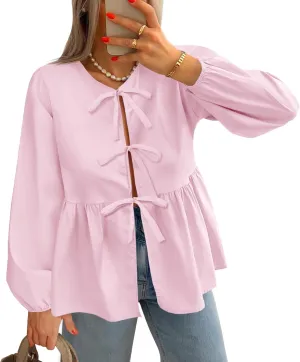 Tankaneo Womens Tie Front Tops Blouses Long Puff Sleeve Peplum Babydoll Bow Shirt Summer Coquette Tops