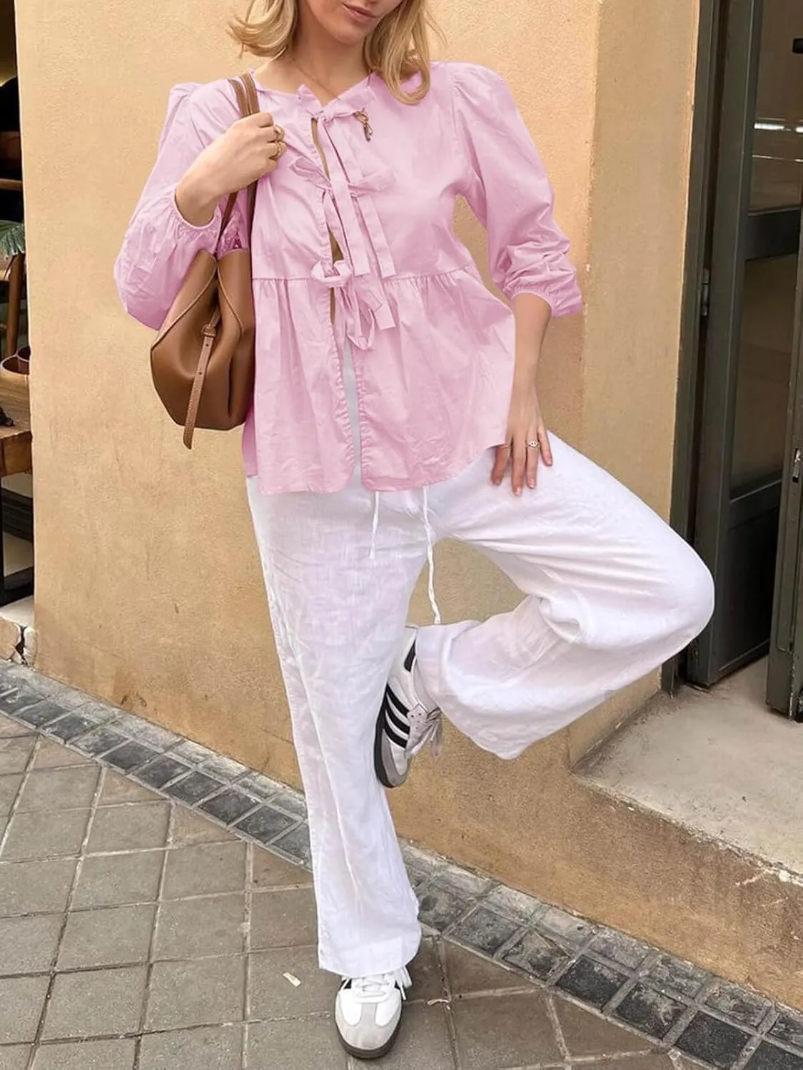 Tankaneo Womens Tie Front Tops Blouses Long Puff Sleeve Peplum Babydoll Bow Shirt Summer Coquette Tops