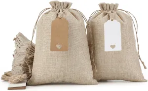Tapleap Burlap Gift Bags with Drawstring, 7x10 inches Favor Sacks with Tags and String (Lot of 30) for Kids Class Memorial Day, Birthday, Wedding, Party or DIY