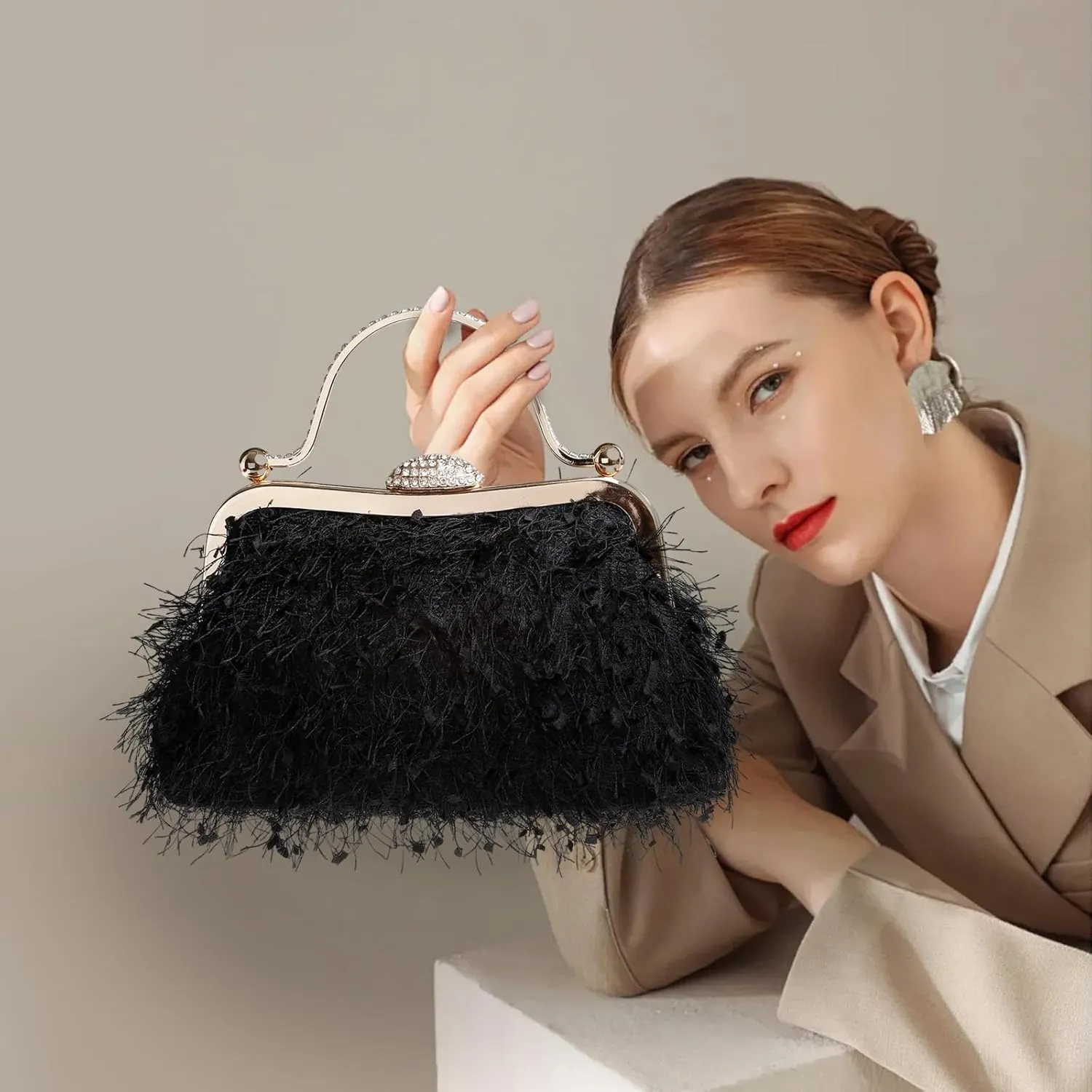 Tassel Women's Evening Handbag Cocktail Prom Formal Clutch Purse Feather Elegant Shoulder Bag for Wedding Banquet