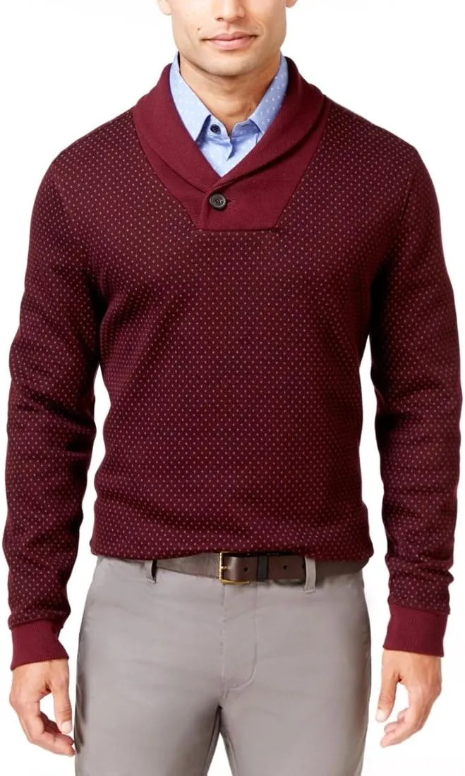 Tasso Elba Mens Pique Geometric Shawl-Collar Sweater Red L
