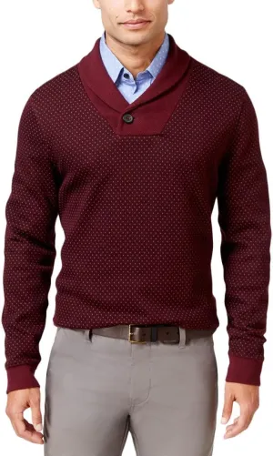 Tasso Elba Mens Pique Geometric Shawl-Collar Sweater Red M