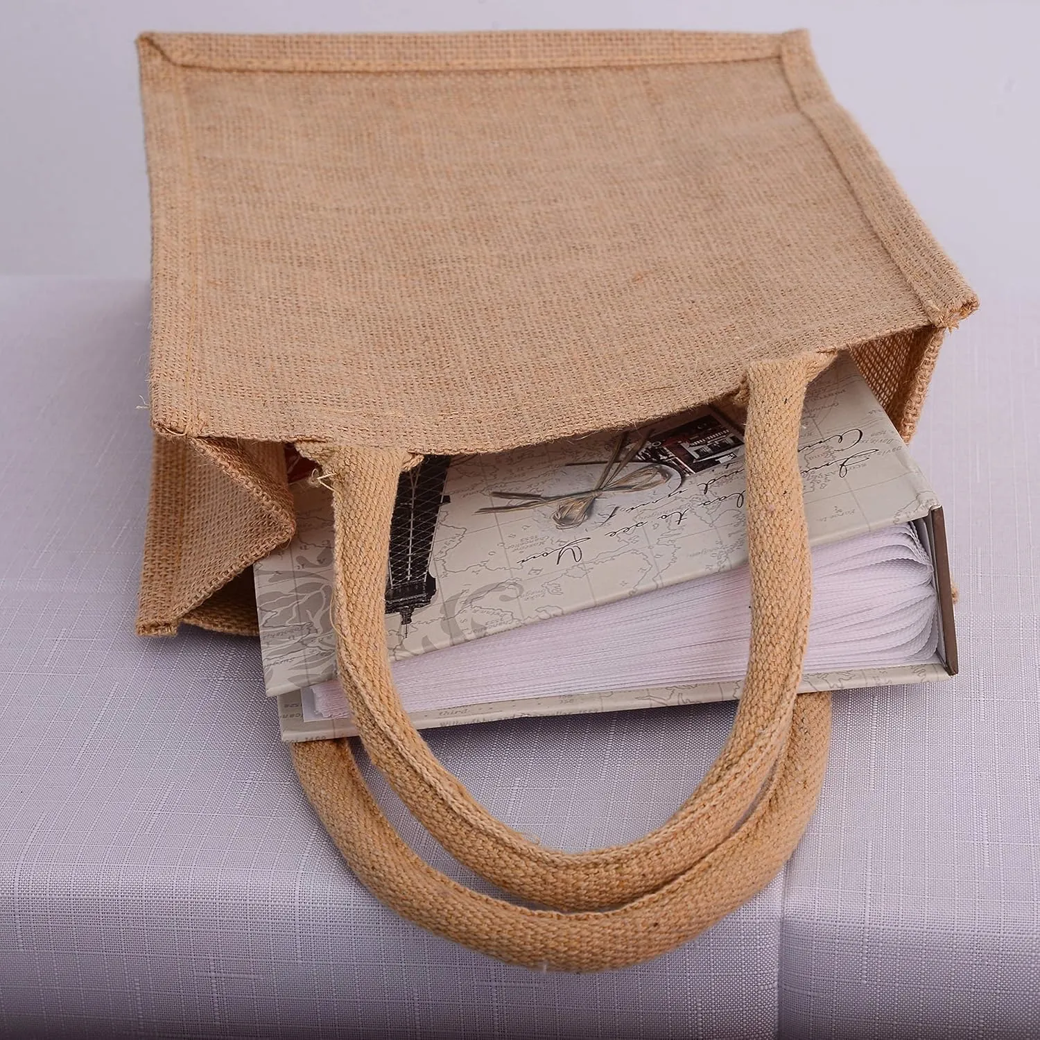 TBF Jute Burlap Tote Bags Soft Cotton Handles Laminated Interior Reusable Grocery Shopping Bags w/Full Gusset Bags (Pack of 6, Medium - 12" x 12" x 7.75")
