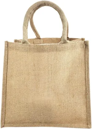 TBF Jute Burlap Tote Bags Soft Cotton Handles Laminated Interior Reusable Grocery Shopping Bags w/Full Gusset Bags (Pack of 6, Medium - 12" x 12" x 7.75")