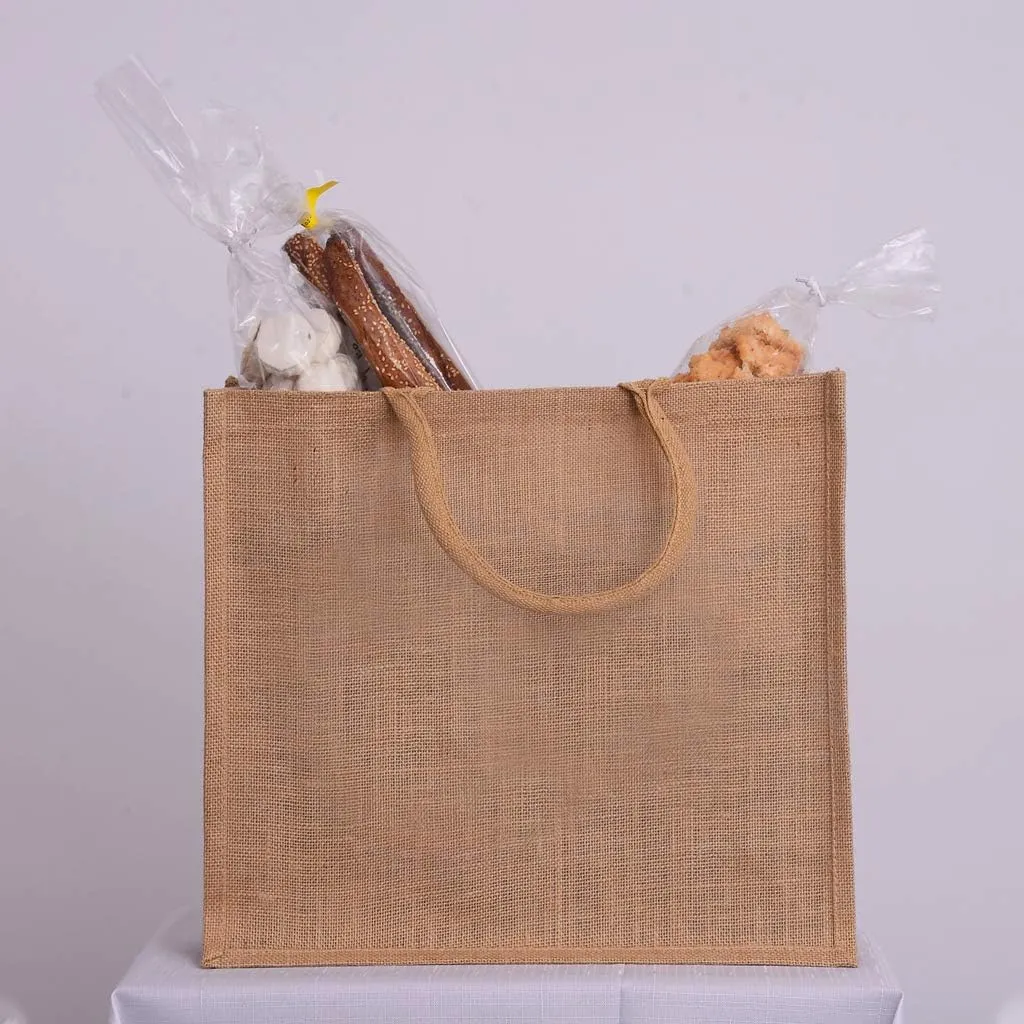 TBF Jute Burlap Tote Bags Soft Cotton Handles Laminated Interior Reusable Grocery Shopping Bags w/Full Gusset Bags (Pack of 6, Medium - 12" x 12" x 7.75")