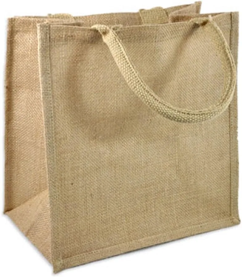 TBF Jute Burlap Tote Bags Soft Cotton Handles Laminated Interior Reusable Grocery Shopping Bags w/Full Gusset Bags (Pack of 6, Medium - 12" x 12" x 7.75")