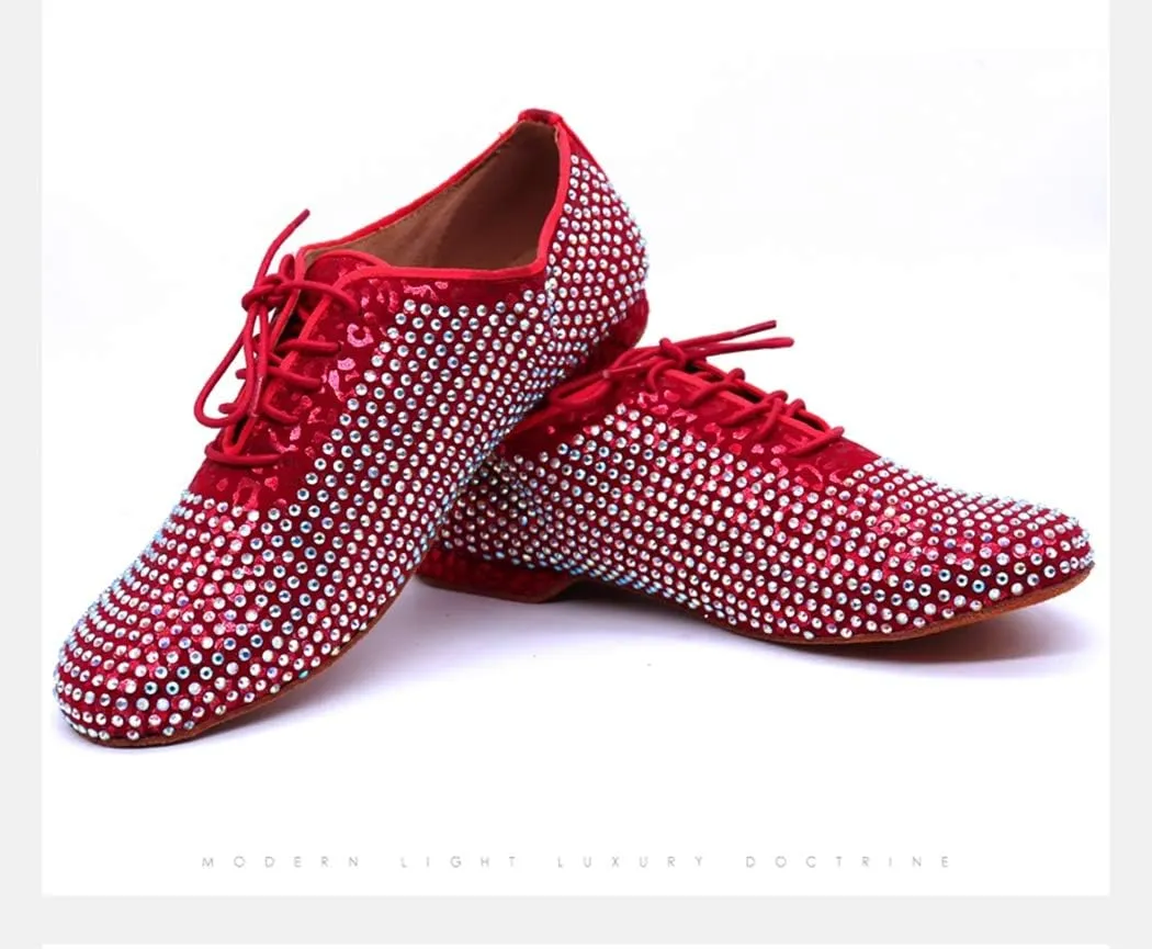 TDA Men's Comfort Standard Low Heel Soft Outsole Satin Studded Rhinestones Tango Ballroom Salsa Chacha Character Latin Modern Dance Shoes