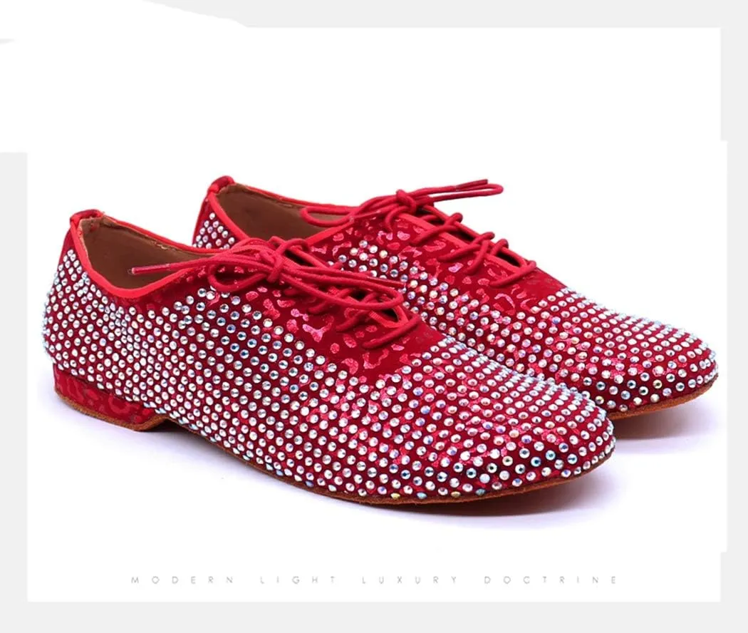 TDA Men's Comfort Standard Low Heel Soft Outsole Satin Studded Rhinestones Tango Ballroom Salsa Chacha Character Latin Modern Dance Shoes