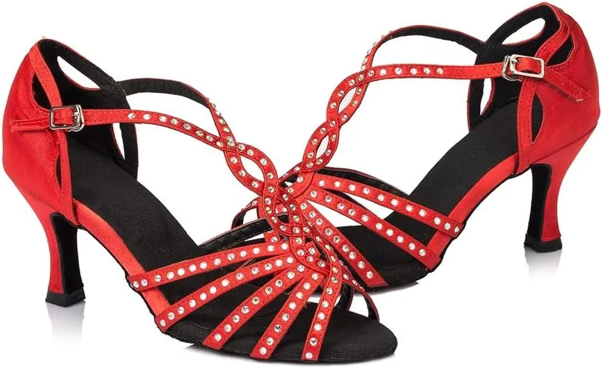 TDA Women's Comfort T-strap Peep Toe Satin Rhinestones Social Tango Ballroom Latin Modern Dance Shoes