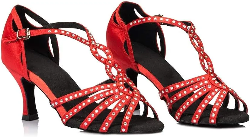 TDA Women's Comfort T-strap Peep Toe Satin Rhinestones Social Tango Ballroom Latin Modern Dance Shoes