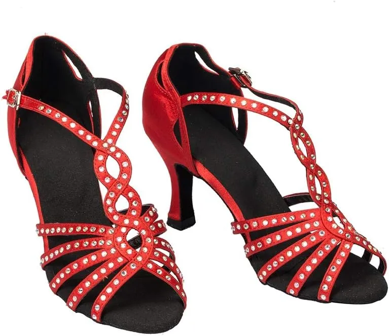 TDA Women's Comfort T-strap Peep Toe Satin Rhinestones Social Tango Ballroom Latin Modern Dance Shoes