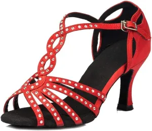 TDA Women's Comfort T-strap Peep Toe Satin Rhinestones Social Tango Ballroom Latin Modern Dance Shoes