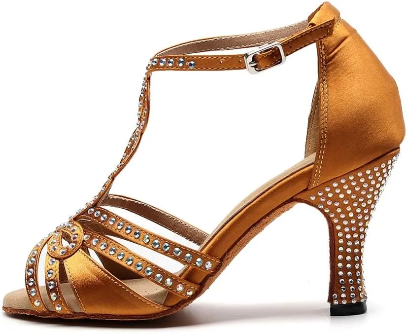 TDA Women's Flared Heel Satin Rhinestones T-Strap Tango Salsa Prom Latin Modern Wedding Praty Dance Sandals