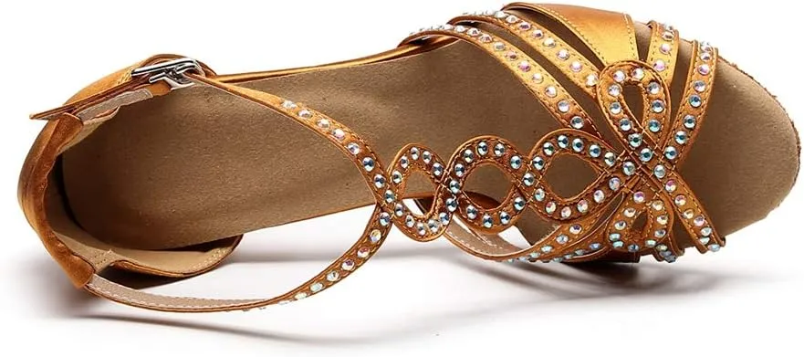 TDA Women's Flared Heel Satin Rhinestones T-Strap Tango Salsa Prom Latin Modern Wedding Praty Dance Sandals