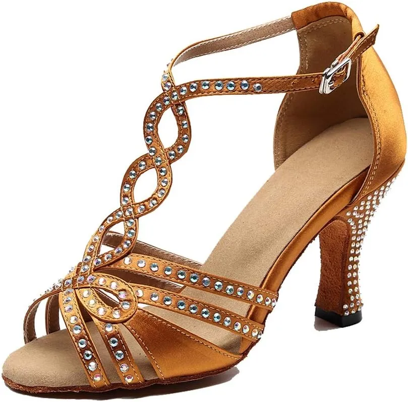 TDA Women's Flared Heel Satin Rhinestones T-Strap Tango Salsa Prom Latin Modern Wedding Praty Dance Sandals