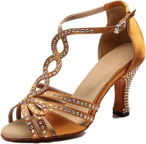 TDA Women's Flared Heel Satin Rhinestones T-Strap Tango Salsa Prom Latin Modern Wedding Praty Dance Sandals